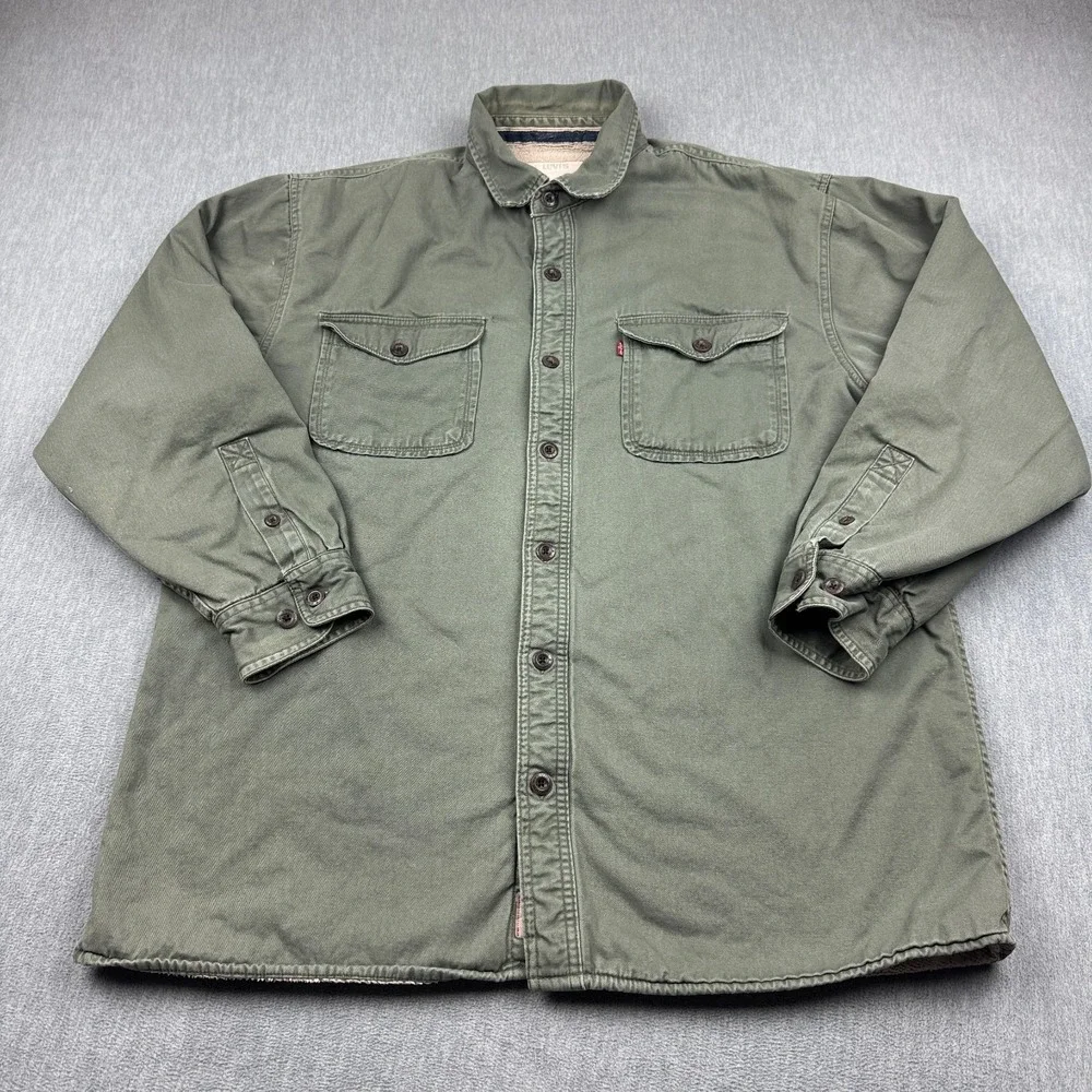 Levis Shirt Jacket Mens XL Green Sherpa Lined Canvas Shacket‎ Button Up Coat